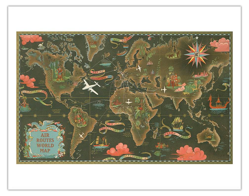 World Map - Routes - Planisphere - Vintage Airline Travel Poster Lucien Boucher