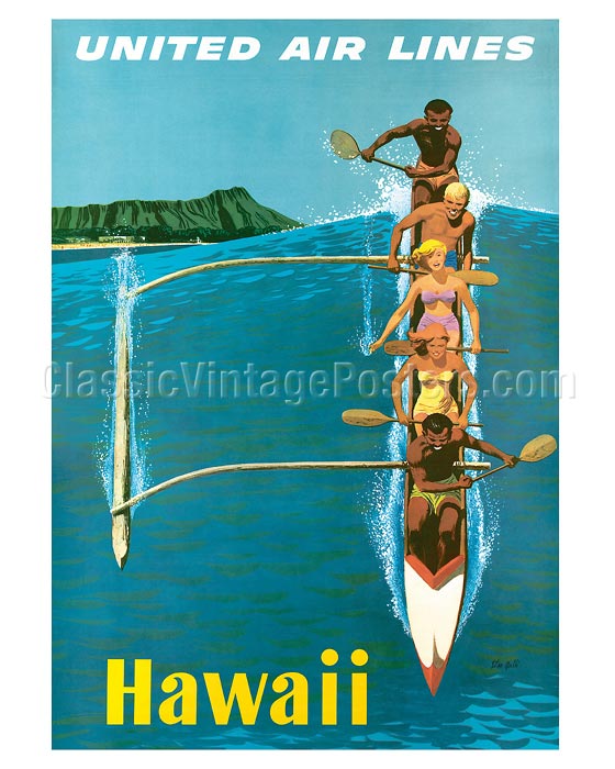 Art Prints & Posters - United Air Lines, Hawaii, Outrigger Canoe