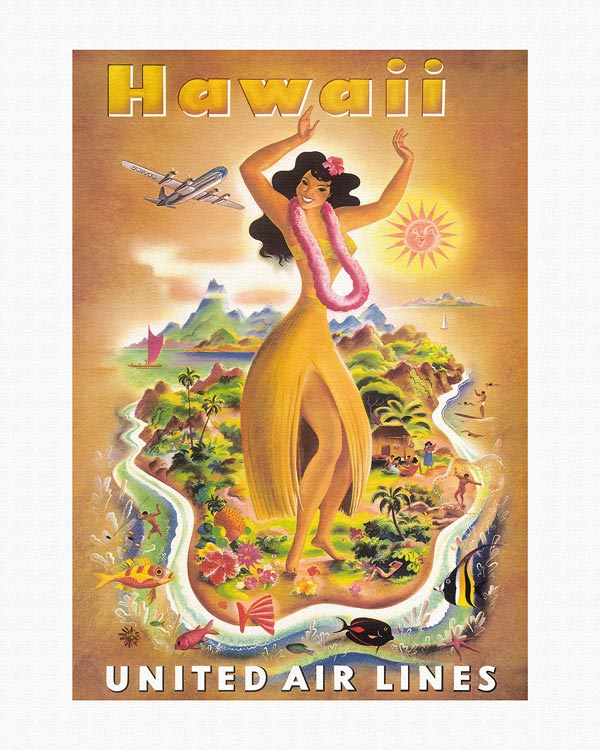 Art Prints & Posters - Hawaii, United Air Lines - Hula Dancer - Fine 