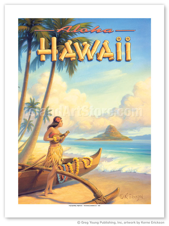 Fine Art Prints & Posters - Aloha Hawaii - Hula Girl Playing Ukulele 