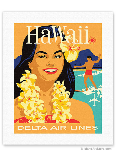 & - & Posters Posters - Woman Fine Prints with Art Art Lines - Fine Delta Hawaii Prints Air Lei Surfer &