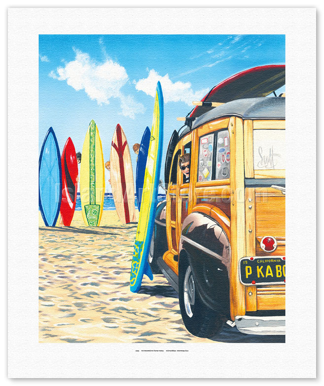 Fine Art Prints Posters Beach Cruiser Kids Retro Woodie on Beach with Surfboards Fine Art Prints Posters IslandArtStore