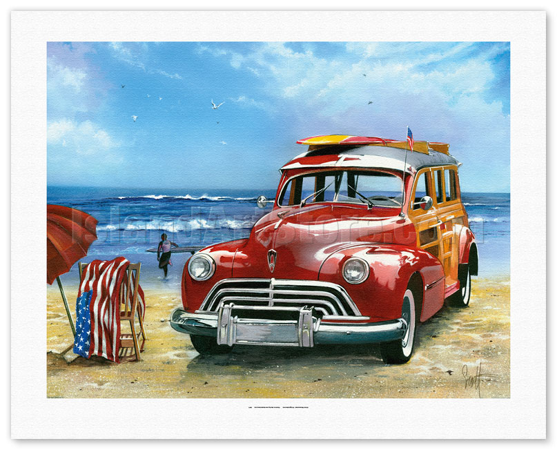 Fine Art Prints & Posters - Surfin USA - Retro Woodie Car with