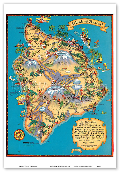 Big Island Map With Attractions Fine Art Prints Posters Hawaiian Island Of Hawaii Big Island Map Vintage Colored Cartographic Map By Hawaii Tourist Bureau Fine Art Prints Posters Islandartstore Com