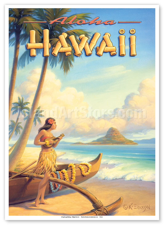 Fine Art Prints & Posters - Aloha Hawaii - Hula Girl Playing Ukulele 