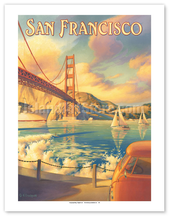 Golden Gate Bridge,Prints on canvas,San Francisco,California art,Seascapes,Marin County,Famous good landmarks,California hills,Folk art,Nostalgic